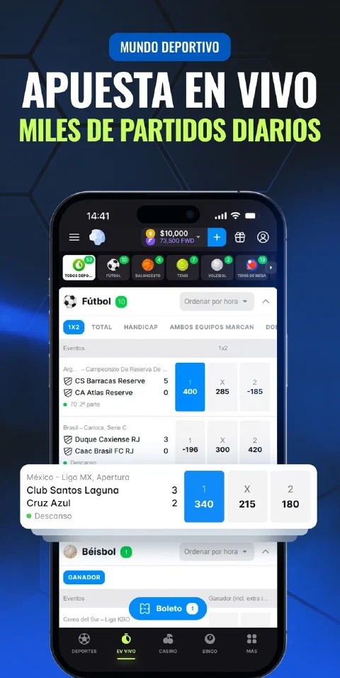 App de Betmaster con la sección deportiva abierta